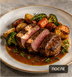 Блюдо со стейком после цветокоррекции: сочные цвета