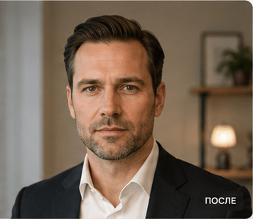 Деловой портрет после AI-ретуши: тёплый цвет и чёткость